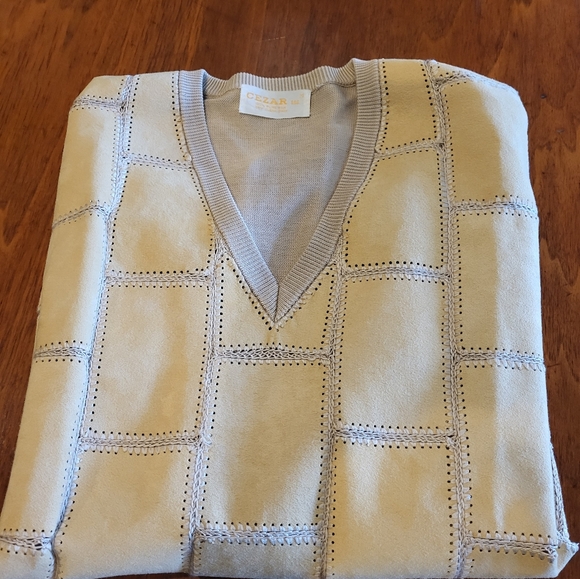 Cezar Vintage 60s Tan Silk V-neck Pullover With Suede Patch Front Medium - Picture 4 of 5